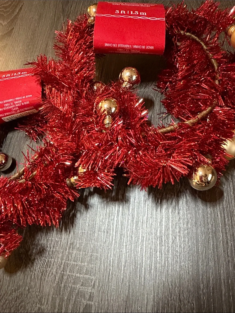 Red Tinsel Garland with Gold Ornaments - Set of 2